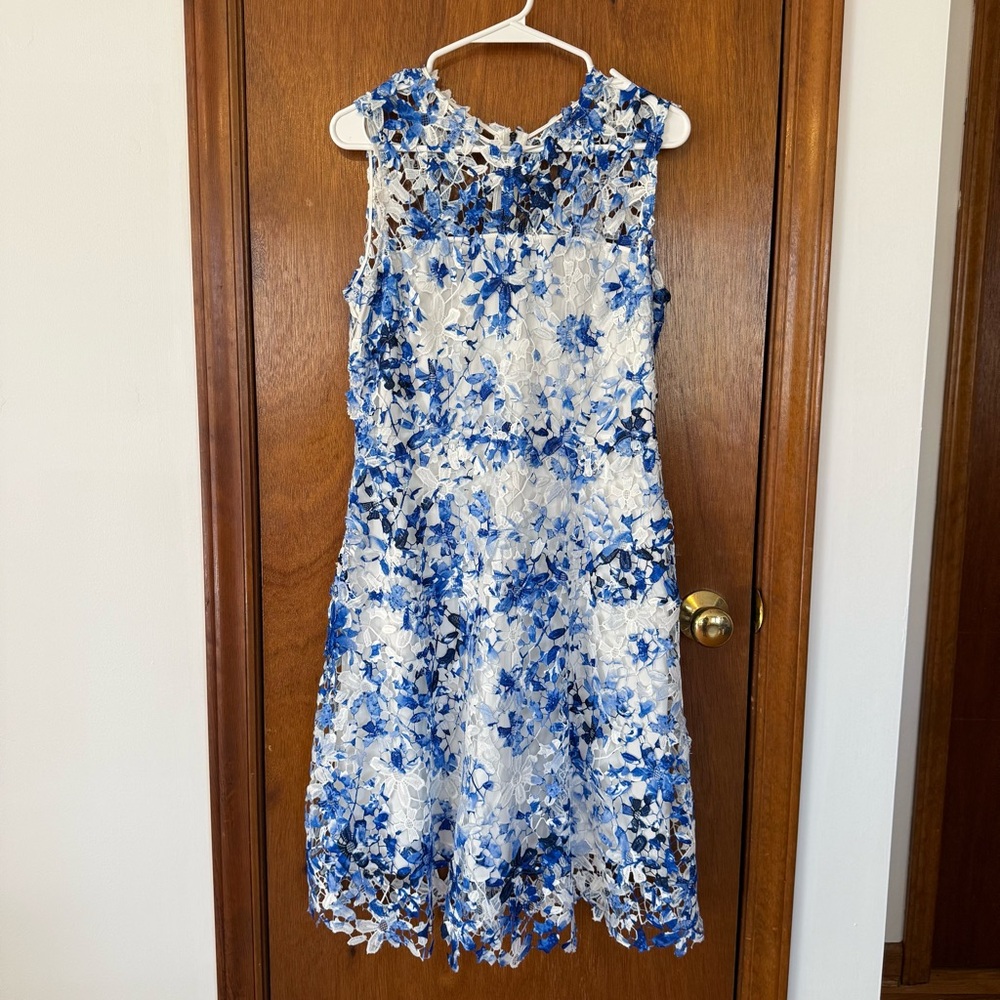 Elie Tahari Blue and White Floral Lace Midi Dress